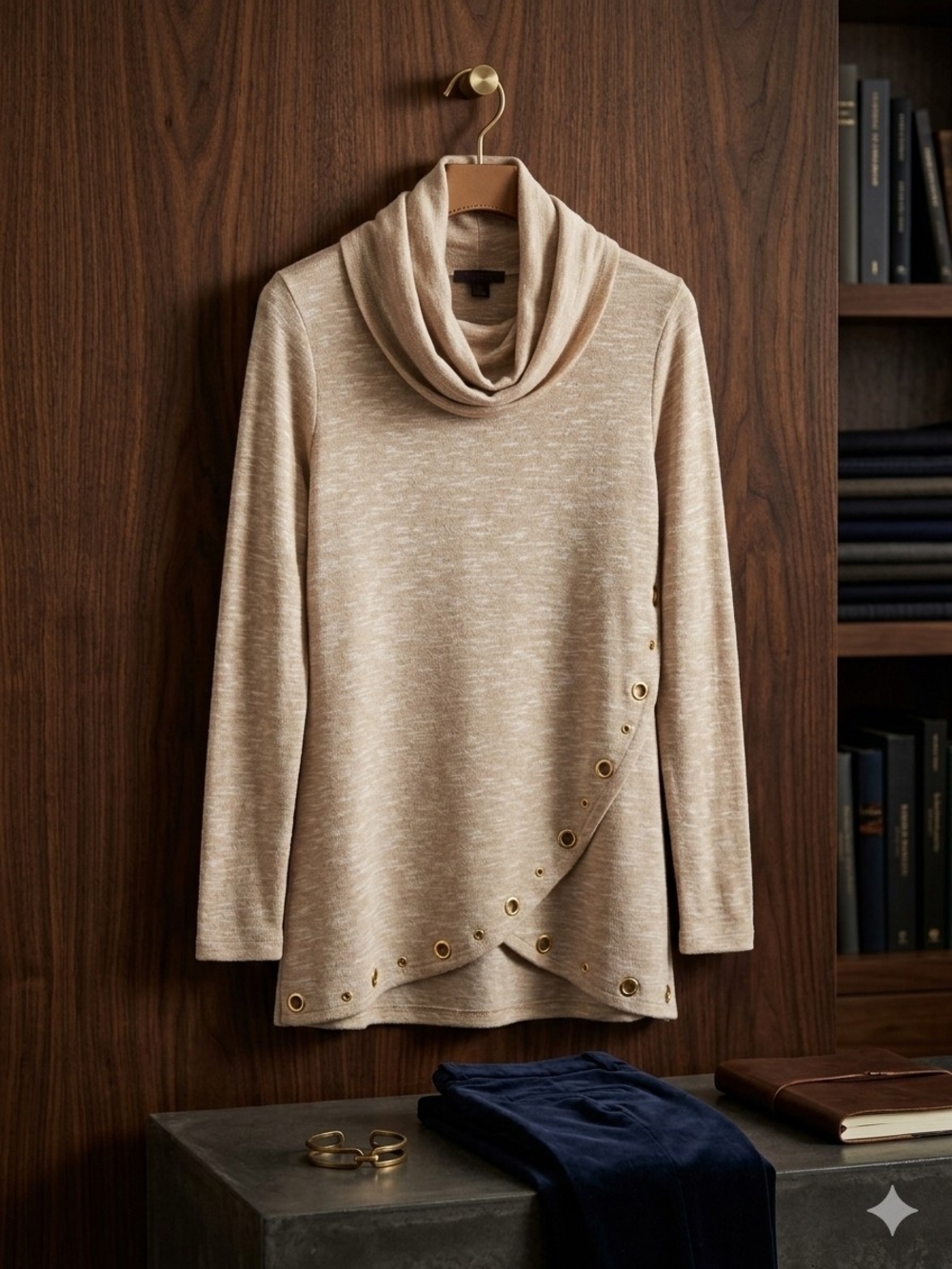 Beige Cowl Neck Sweater with Gold Grommet Detail